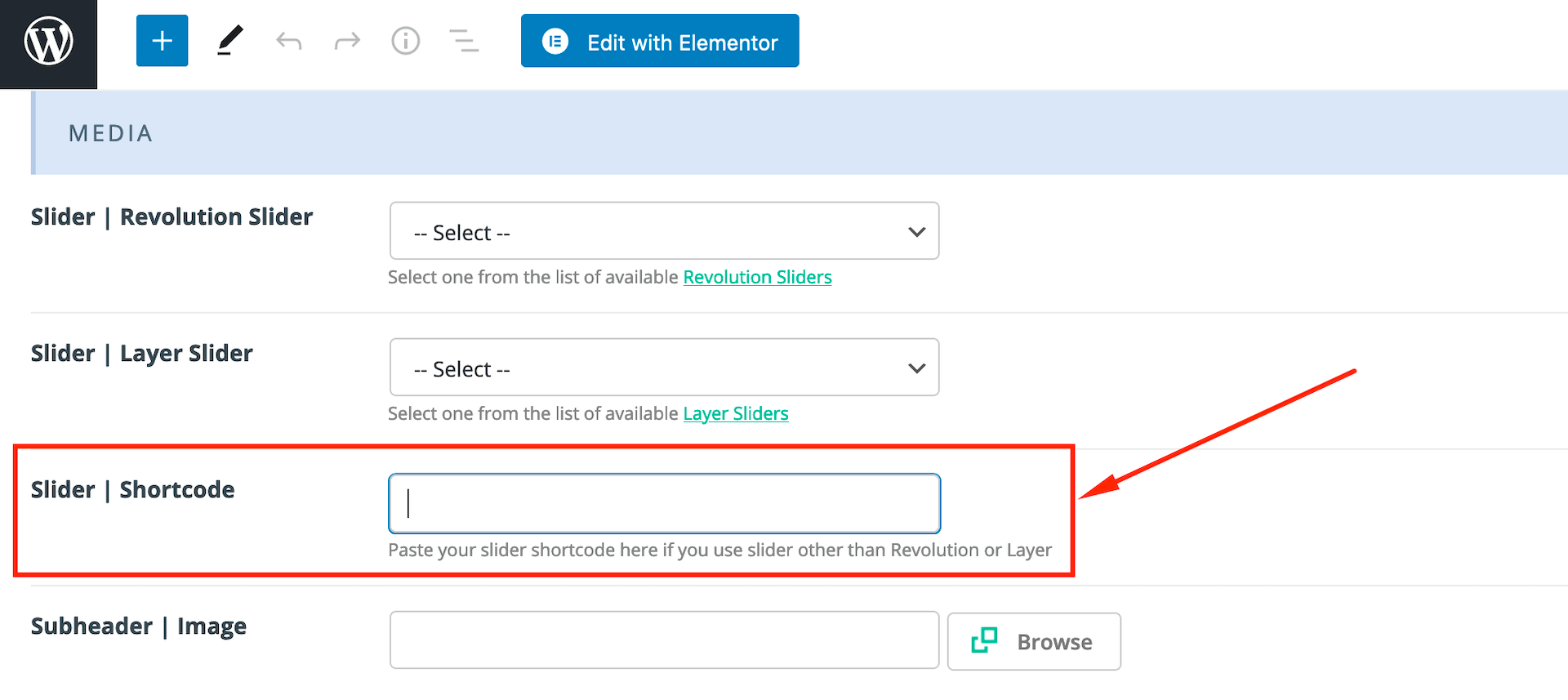 slider shortcode in page options
